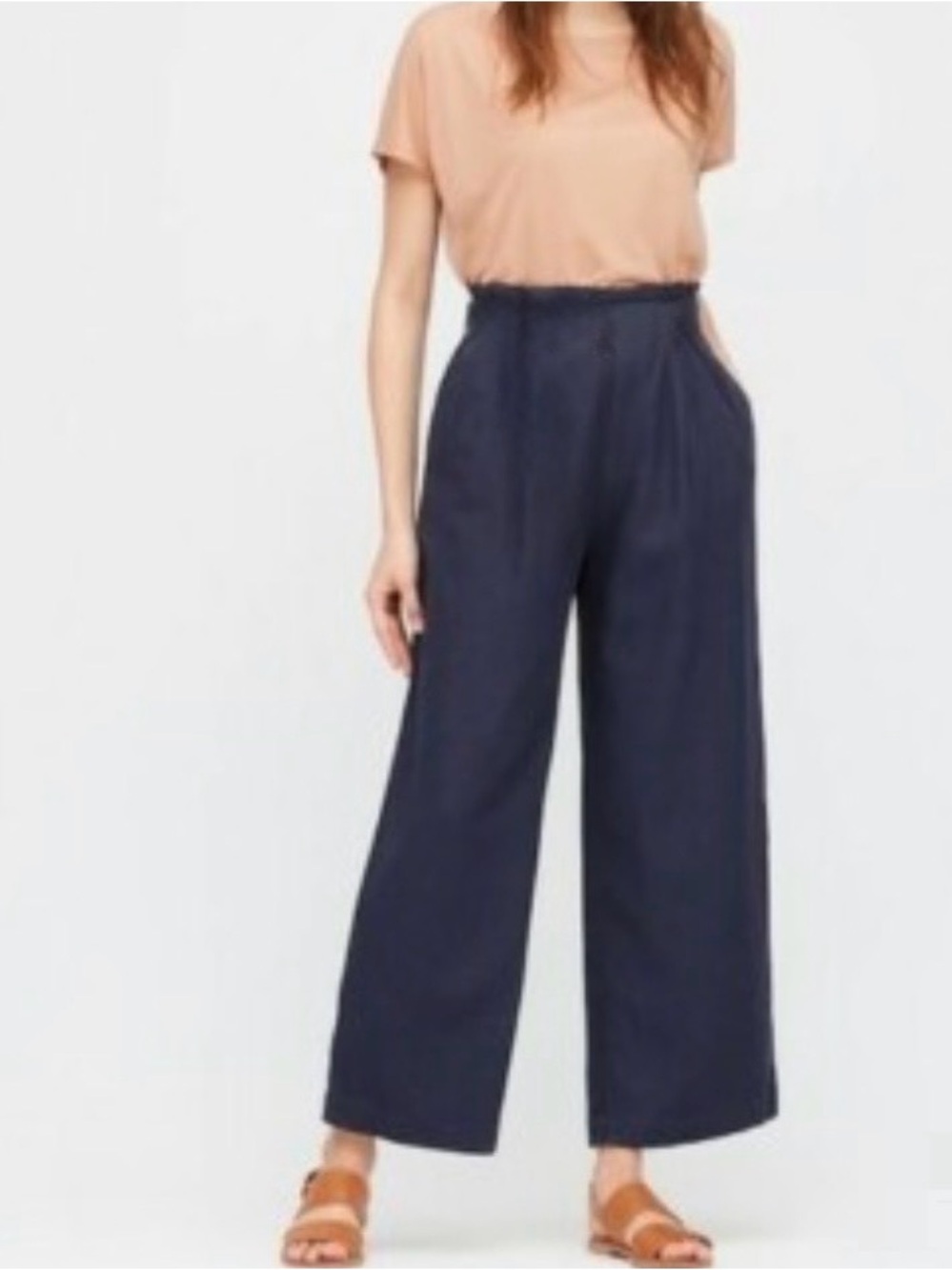Hana Tajima Uniqlo Navy Linen Rayon High Waist Elastic Wide Leg Pants Size M NWT